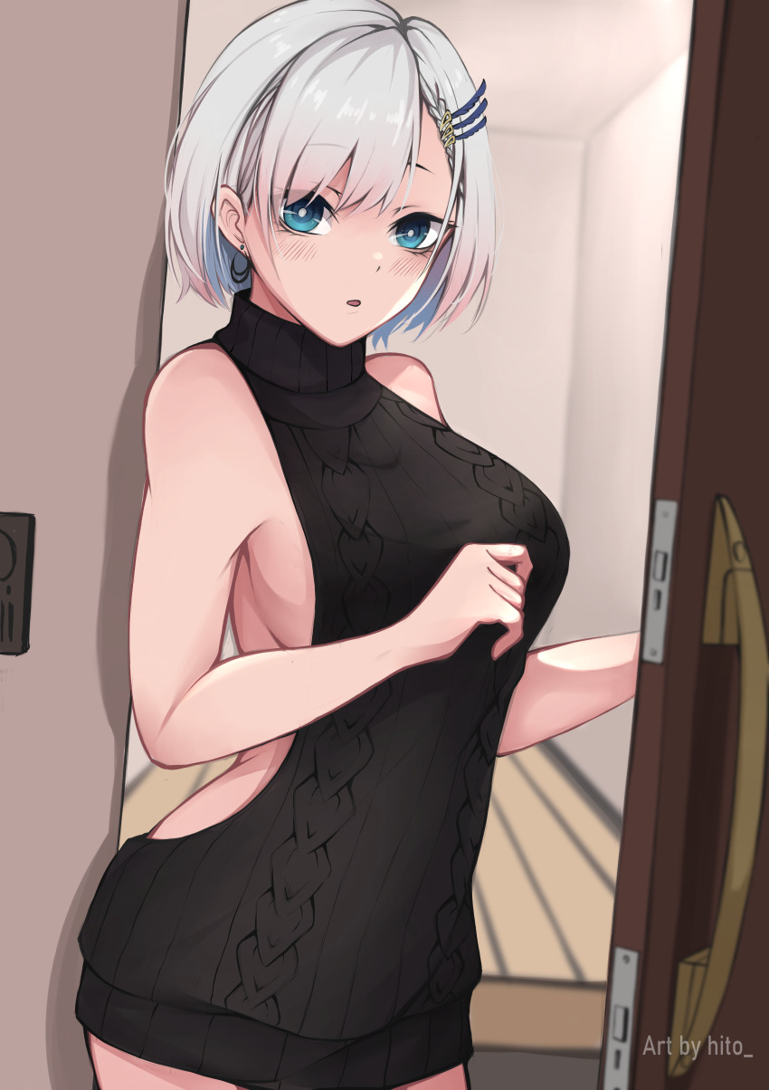 1girl, absurdres, aran_sweater, backless_outfit, bare_shoulders, black_sweater, blue_eyes, breasts