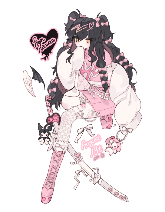 1girl, angel_wings, asymmetrical_wings, bad_id, bad_twitter_id, black_hair, boots, bow, character_doll, crop_top, cute_weapon, demon_wings, doll, fishnet_thighhighs, fishnets, full_body, gem, hair_bow, jacket, katana, kuromi, mini_wings, mismatched_wings, multi-tied_hair, my_melody, my_melody_(series), off_shoulder, original, pearl_(gemstone), pink_boots, pink_bow, pink_hair, pink_shirt, pink_skirt, pink_theme, sanrio, sheath, sheathed, shirt, short_sleeves, sidelocks, simple_background, skirt, solo, sword, thigh_strap, thighhighs, two_side_up, u_emper, wallet_chain, weapon, white_background, white_jacket, white_thighhighs, wings, yami_kawaii, yellow_eyes