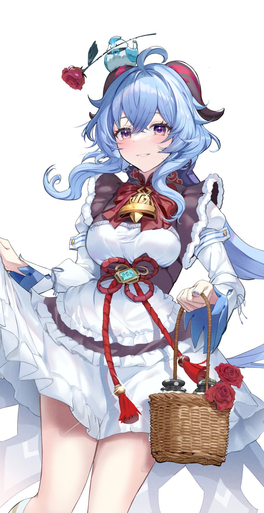 1girl, absurdres, adapted_costume, ahoge, alternate_costume, apron, basket, bell