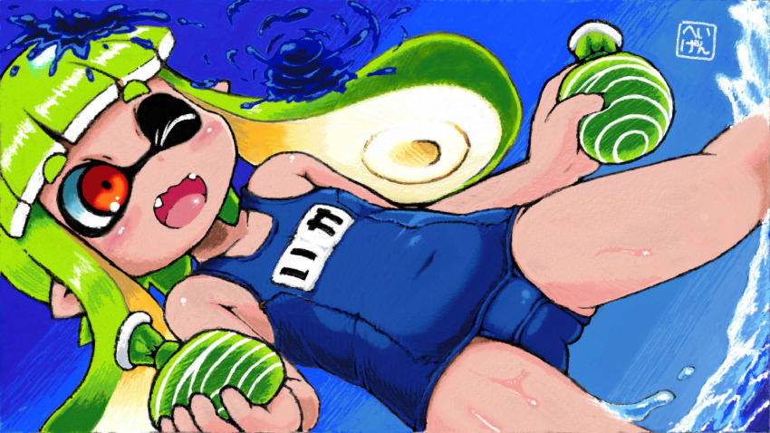1girl, ;d, bare_shoulders, blue_one-piece_swimsuit, blunt_bangs, blush, burst_bomb_(splatoon), collarbone, covered_navel, dutch_angle, fangs, flat_chest, highres, holding, ikaheigen, inkling, inkling_girl, inkling_player_character, light_green_hair, loli, long_hair, name_tag, nintendo, old_school_swimsuit, one-piece_swimsuit, one_eye_closed, open_mouth, orange_eyes, pointy_ears, school_swimsuit, smile, solo, splatoon_(series), suction_cups, swimsuit, tentacle_hair, wading, water, water_balloon