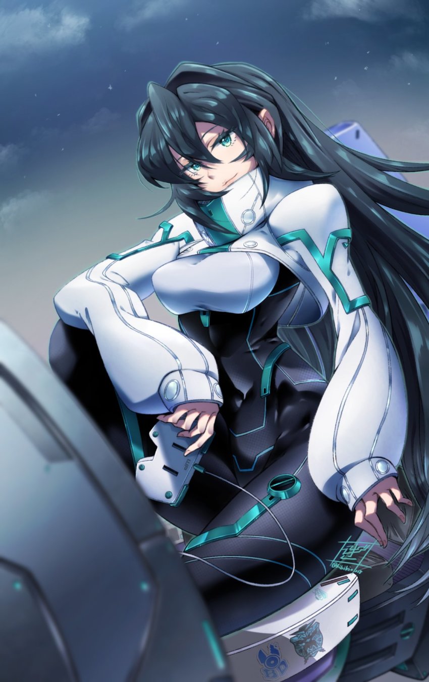 1girl, black_bodysuit, bodysuit, cable, cloud, controller, green_eyes, gundam, gundam_build_divers, gundam_build_divers_re:rise, hair_behind_ear, hair_between_eyes, head_tilt, hibiki0218, highres, holding, holding_controller, long_hair, long_sleeves, may_(gundam_build_divers_re:rise), shrug_(clothing), sitting, sky, sleeves_past_wrists, smile, solo, twitter_username, very_long_hair