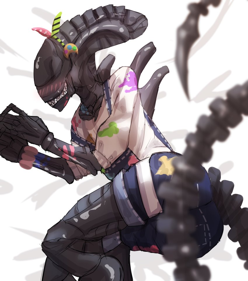 absurdres, airani_iofifteen, airani_iofifteen_(1st_costume), airani_iofifteen_(cosplay), alien, alien_(1979), alien_(series), blush, cosplay, denim, hh_(hehexd06161704), highres, hololive, hololive_indonesia, lying, on_bed, on_side, overall_shorts, overalls, own_hands_together, paint_on_clothes, paint_splatter, tail, trait_connection, virtual_youtuber, xenomorph