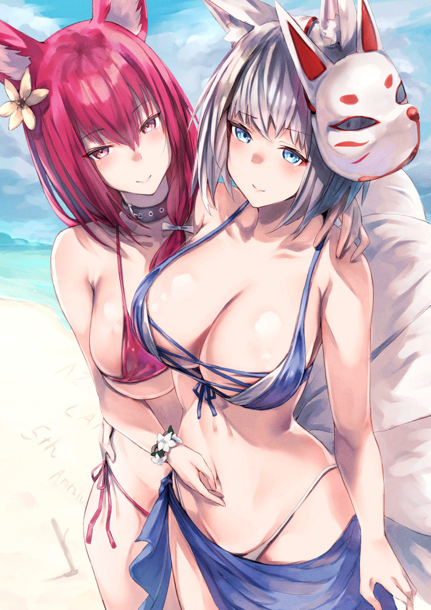 2girls, alexi_oekaki, animal_ears, azur_lane, bikini, blush, breasts, chiyoda_(azur_lane)