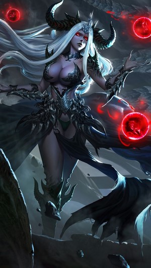 crown, demon_girl, demon_horns, horns, orbs_of_light, white_hair