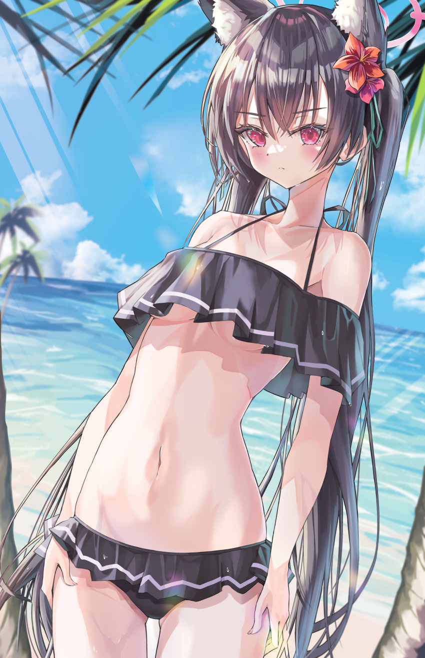 1girl, absurdres, alter_(kxk7357), animal_ear_fluff, animal_ears, beach, bikini, black_bikini