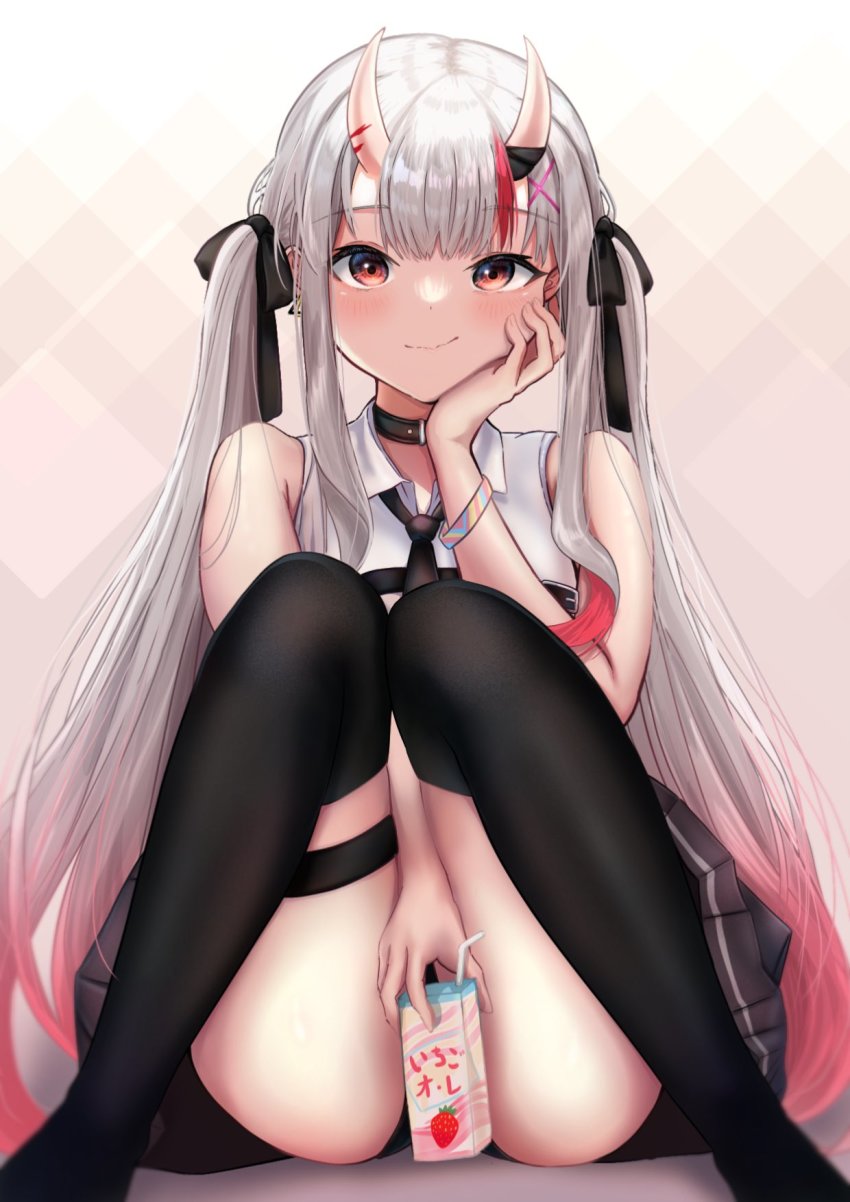 1girl, black_choker, black_necktie, black_ribbon, black_socks, chest_belt, choker, collared_shirt