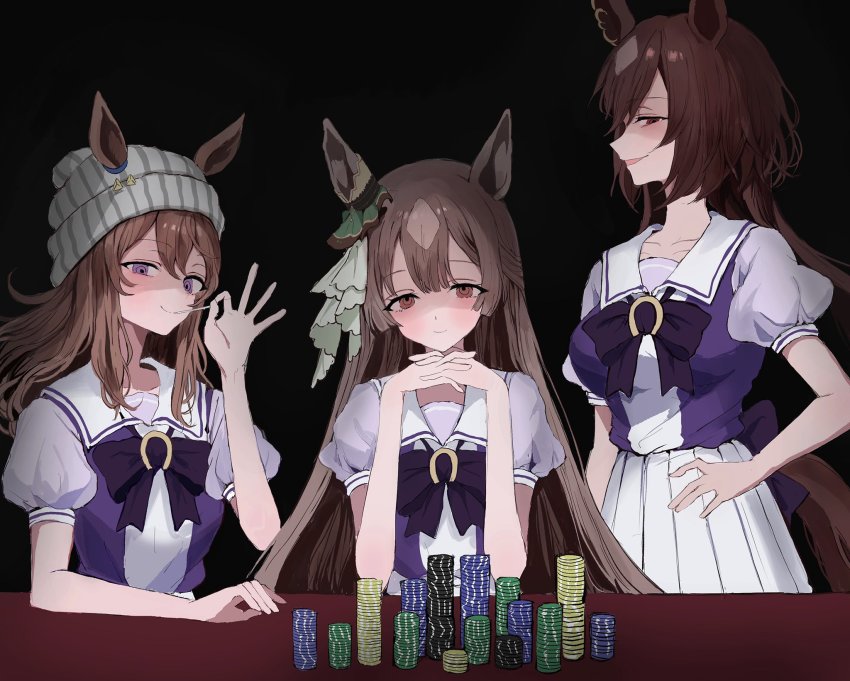 3girls, animal_ears, bad_id, bad_twitter_id, blush, breasts, brown_hair, dark_background