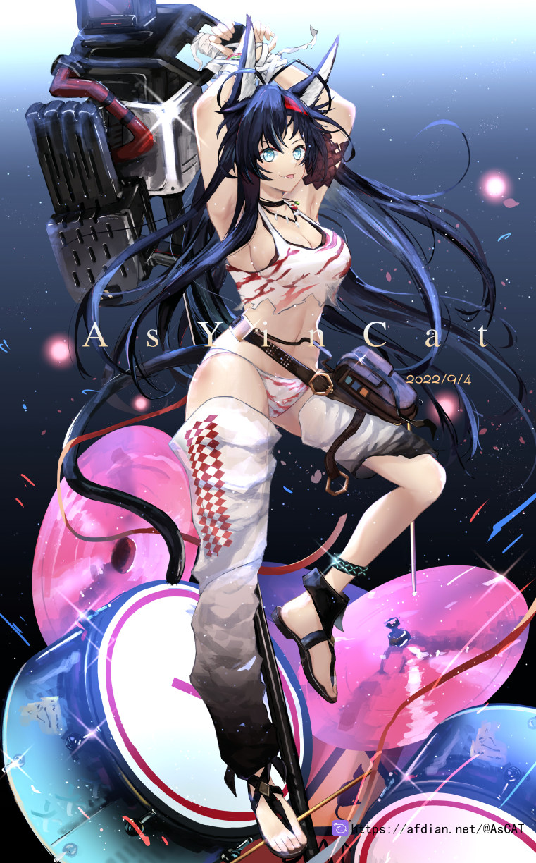 1girl, arknights, armpits, arms_up, as_yinshimao, black_choker, black_hair, blaze_(arknights), blaze_(burst_feline)_(arknights), blue_eyes, breasts, choker, cleavage, crop_top, dated, drum, drum_set, full_body, hairband, highres, infection_monitor_(arknights), instrument, large_breasts, long_hair, midriff, navel, official_alternate_costume, red_hairband, sandals, solo, stomach, tank_top, thighs, very_long_hair, white_tank_top