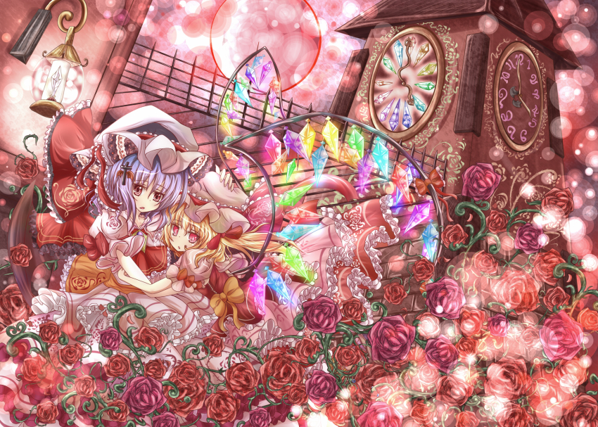 2girls, alternate_wings, blonde_hair, bow, bowed_wings, clock, clock_tower, cross