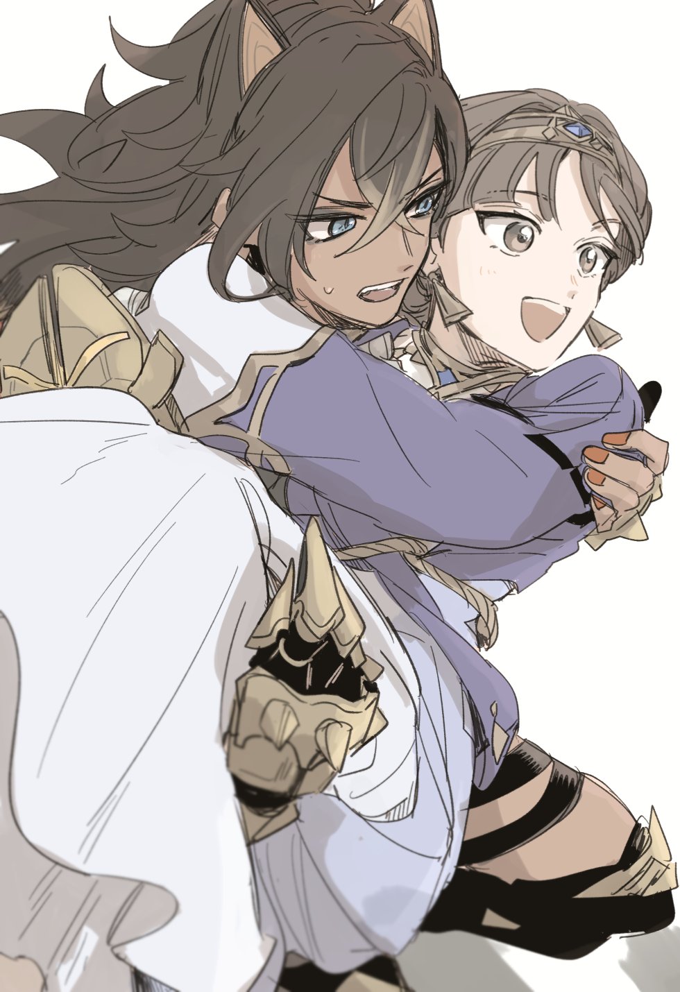 2girls, :d, animal_ears, arm_armor, black_hair, blue_dress, blue_eyes, braid, brown_eyes, brown_hair, carrying, cat_ears, crown_braid, dark-skinned_female, dark_skin, dehya_(genshin_impact), dress, dunyarzad_(genshin_impact), earrings, genshin_impact, hair_between_eyes, highres, jewelry, multiple_girls, nail_polish, nendo_(n), open_mouth, princess_carry, red_nails, smile, sweatdrop