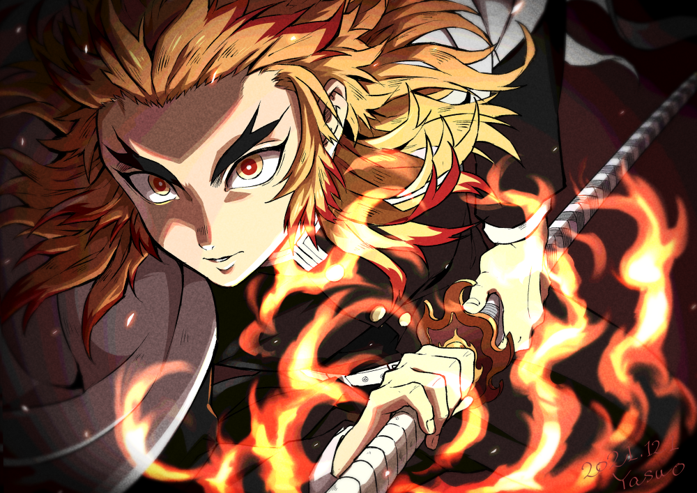 1boy, blonde_hair, commentary_request, demon_slayer_uniform, fantasy, fire, forked_eyebrows, holding