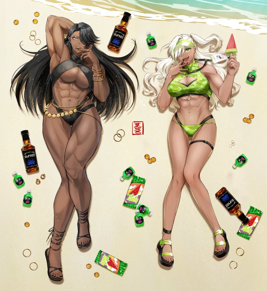 2girls, abs, absurdres, alcohol, anklet, arm_behind_head, beach, belly_chain