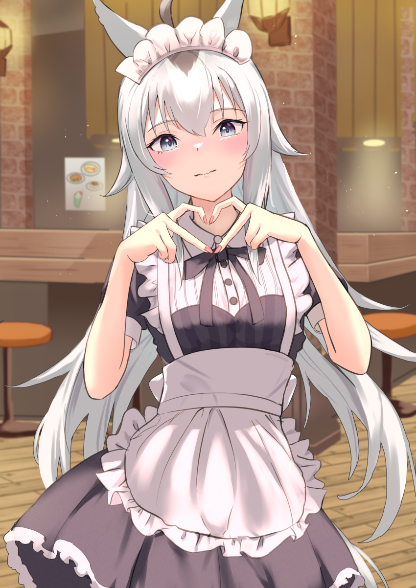 1girl, absurdres, ahoge, alternate_costume, animal_ears, apron, black_bow, black_bowtie