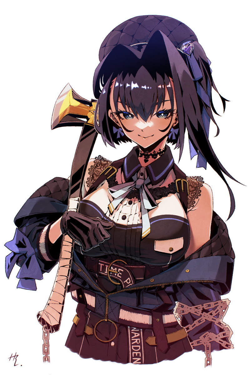 1girl, axe, bare_shoulders, black_gloves, black_hair, black_hat, blue_bow, blue_eyes