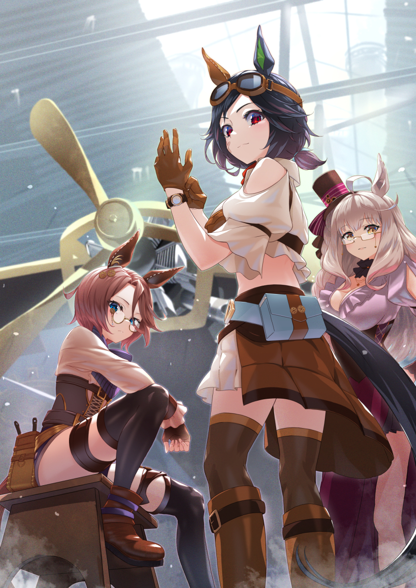3girls, adjusting_clothes, adjusting_gloves, ahoge, aircraft, airplane, alternate_costume, animal_ears