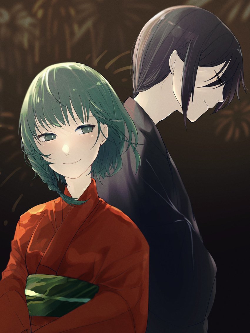 1boy, 1girl, aerial_fireworks, black_hair, black_kimono, braid, closed_eyes, couple