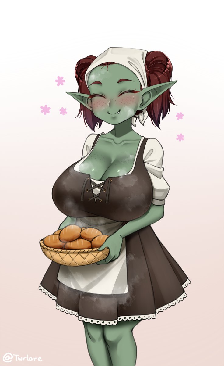 1girl, ^_^, apron, basket, blush, body_freckles, bread, breasts, brown_hair, cleavage, closed_eyes, collarbone, colored_skin, commentary, dress, english_commentary, facing_viewer, fang, fang_out, female_goblin, food, freckles, goblin, gradient_background, green_skin, headscarf, highres, holding, holding_basket, huge_breasts, looking_at_viewer, millie_(twrlare), original, pink_background, pointy_ears, short_hair, shortstack, simple_background, smile, solo, steam, twintails, twitter_username, twrlare, waist_apron, white_background, white_headscarf