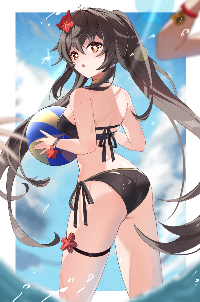 1girl, absurdres, ass, ball, bare_shoulders, beachball, bikini, black_bikini, bracelet, breasts, brown_hair, cloud, flower, flower-shaped_pupils, from_behind, genshin_impact, hair_between_eyes, hair_flower, hair_ornament, highres, holding, holding_ball, holding_beachball, hu_tao_(genshin_impact), jewelry, lens_flare, long_hair, looking_back, open_mouth, orange_eyes, pomegranate_nana, red_flower, side-tie_bikini_bottom, sideboob, sidelocks, swimsuit, symbol-shaped_pupils, twintails, very_long_hair, water