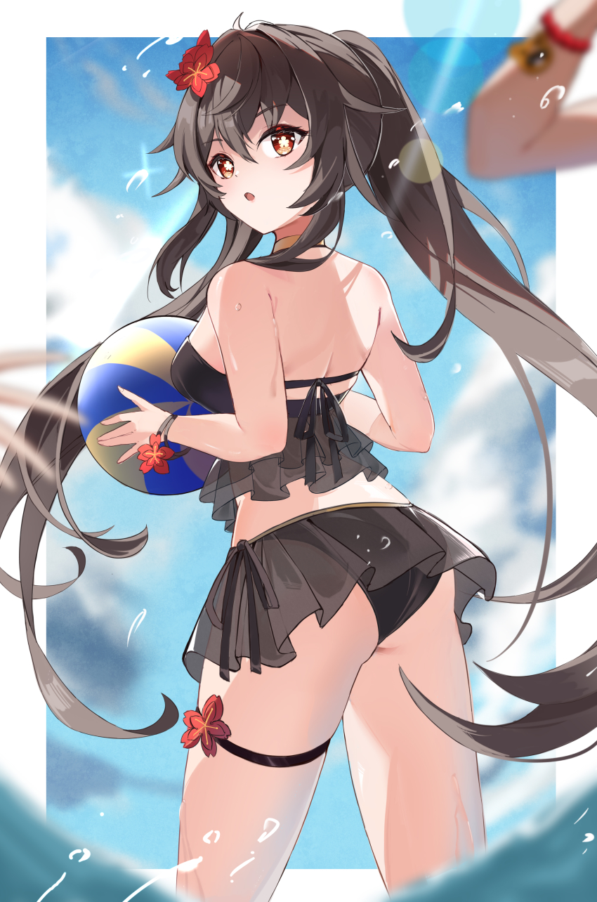 1girl, absurdres, ass, ball, bare_shoulders, beachball, bikini, bikini_skirt
