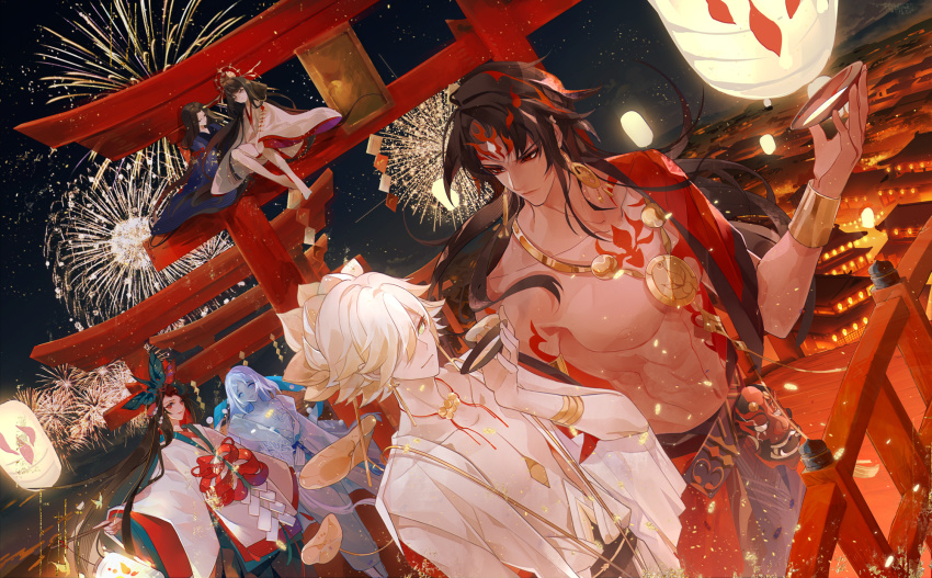 2boys, 4girls, alcohol, asura_(onmyoji), bare_pectorals, bishounen, black_hair, blonde_hair, bracelet, character_request, dark_skin, earrings, facial_mark, festival, fireworks, flower, green_eyes, highres, japanese_clothes, jewelry, long_hair, looking_at_another, lotus, male_focus, multicolored_hair, multiple_boys, multiple_girls, onmyoji, pectorals, sake, samao7777, short_hair, taishakuten_(onmyoji), two-tone_hair