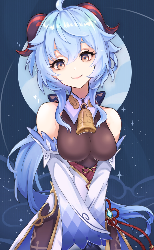 1girl, ahoge, bare_shoulders, bell, blue_hair, breasts, chinese_knot, cowboy_shot, detached_sleeves, flower_knot, ganyu_(genshin_impact), genshin_impact, gold_trim, horns, jewelry, long_hair, looking_at_viewer, medium_breasts, neck_bell, own_hands_together, purple_eyes, shireru_illust, sidelocks, smile, solo, tassel, thighlet, vision_(genshin_impact), white_sleeves