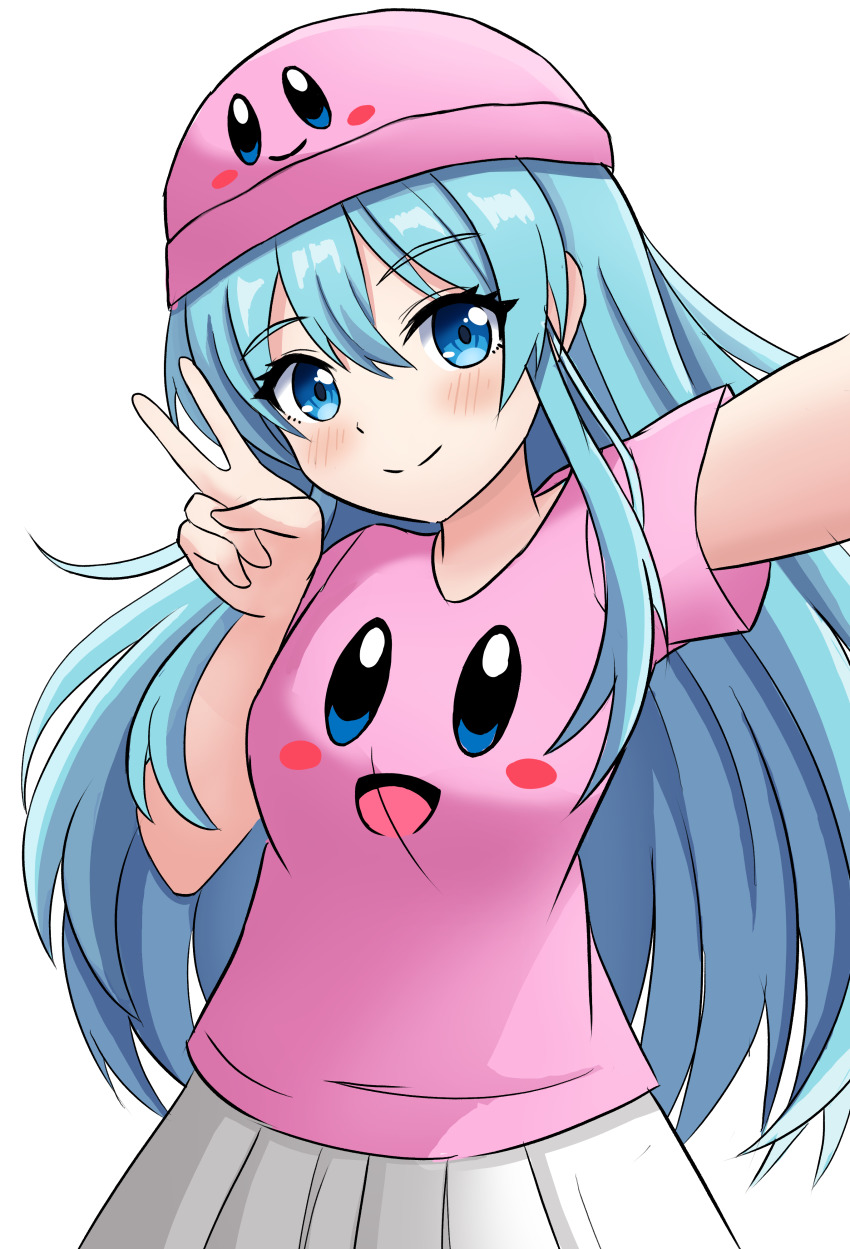 1girl, absurdres, blue_eyes, blue_hair, blush, crossover, edo-sensei, eirika_(fire_emblem), fire_emblem, fire_emblem:_the_sacred_stones, hat, highres, kirby, kirby_(series), long_hair, looking_at_viewer, nintendo, pink_hat, pink_shirt, shirt, sidelocks, skirt, smile, solo, v, white_background, white_skirt
