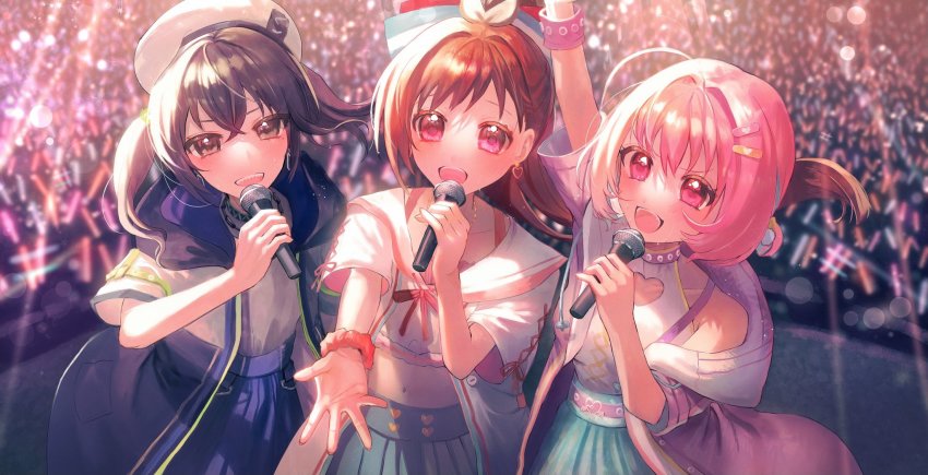 unicus_(idolmaster), 3girls, ahoge, ant, beret, blush, bug, clothing_cutout