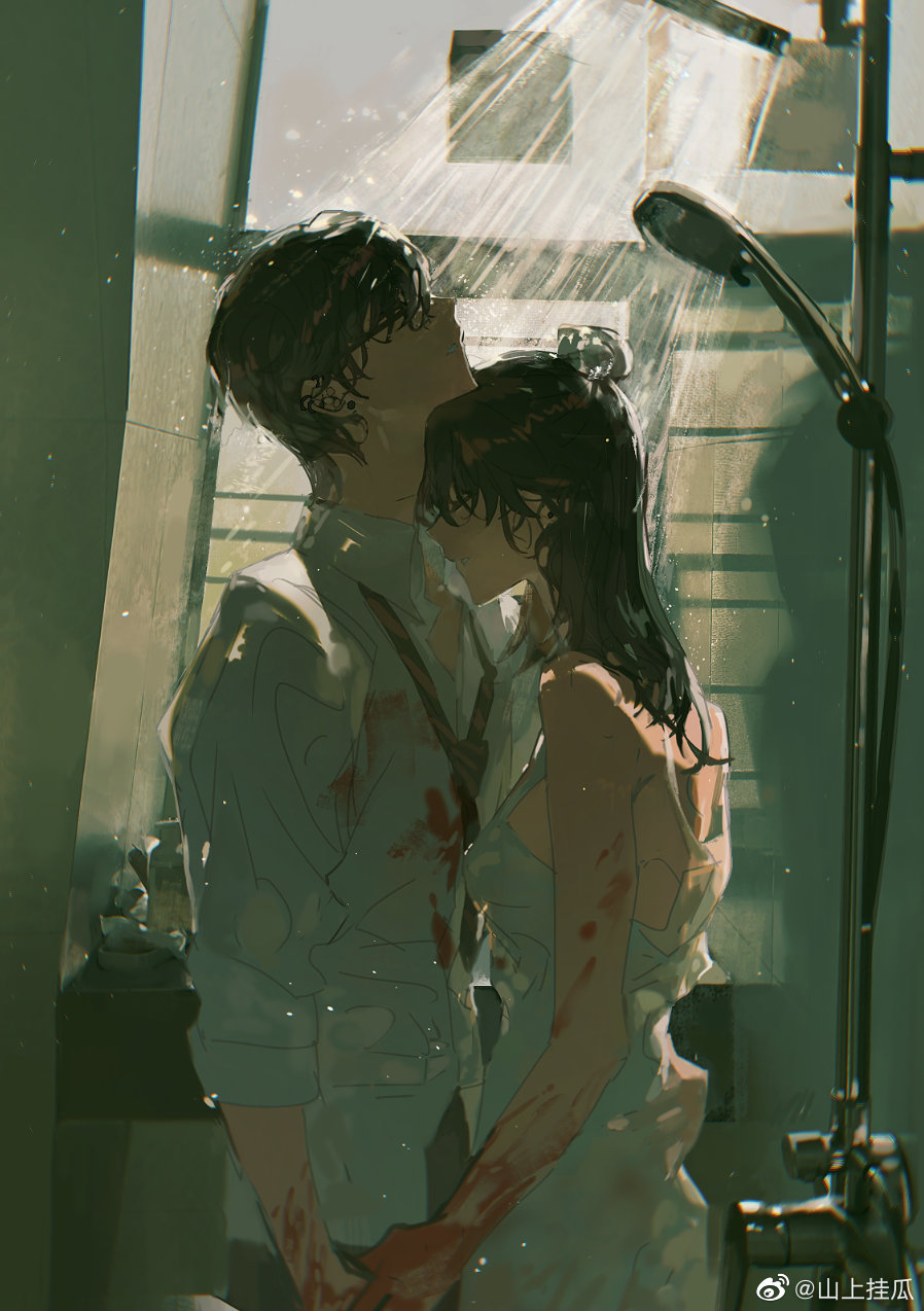 1boy, 1girl, bishounen, blood, blood_on_clothes, chromatic_aberration, collared_shirt, highres, motion_blur, shanshang_guagua, shirt, wet, wet_clothes, white_shirt