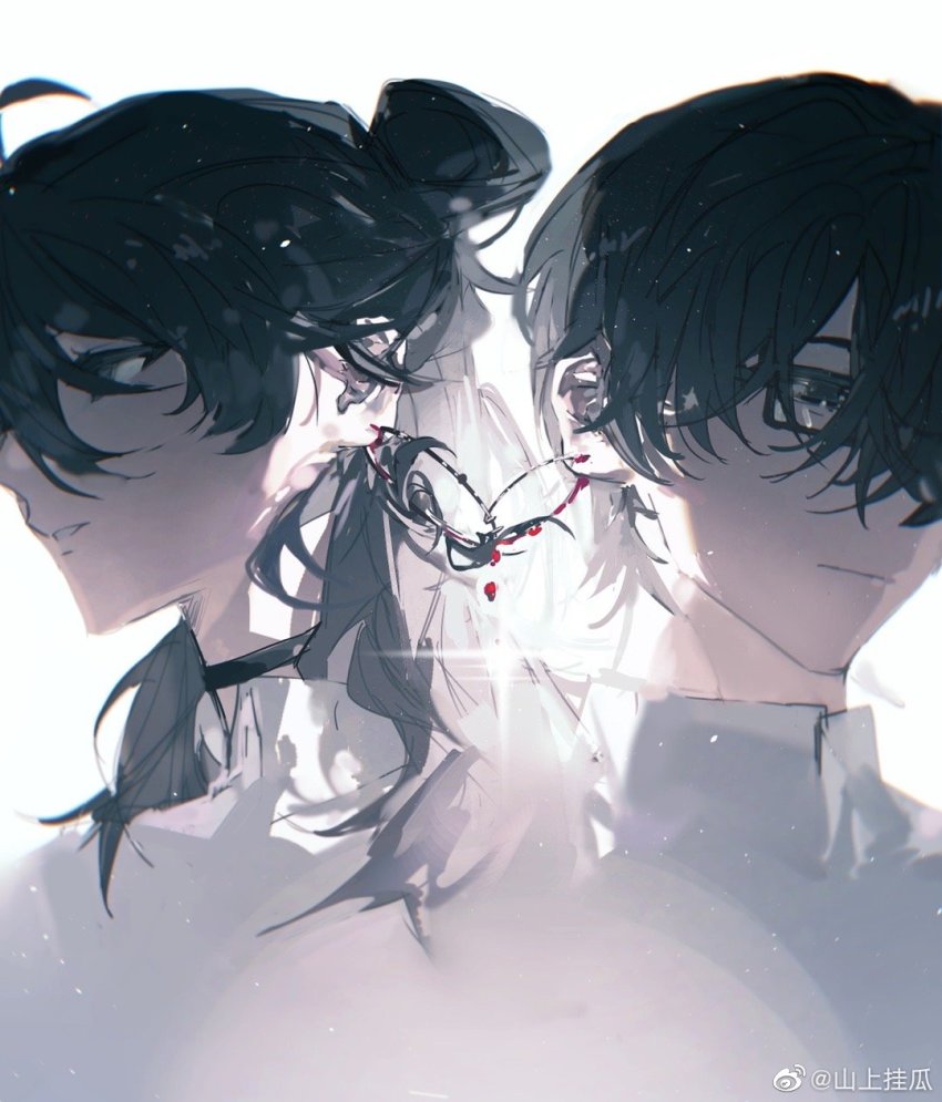 1boy, 1girl, bishounen, black-framed_eyewear, black_hair, crying, crying_with_eyes_open, glasses
