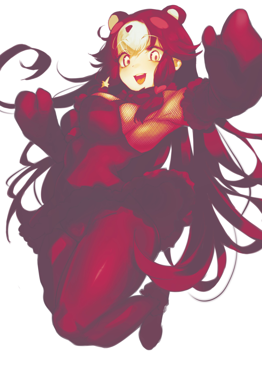 1girl, absurdres, animal_costume, animal_ear_fluff, animal_ears, black_hair, chibi_kumamon_(kemono_friends), highres, iparupua, kemono_friends, kemono_friends_3, long_hair, looking_at_viewer, simple_background, solo