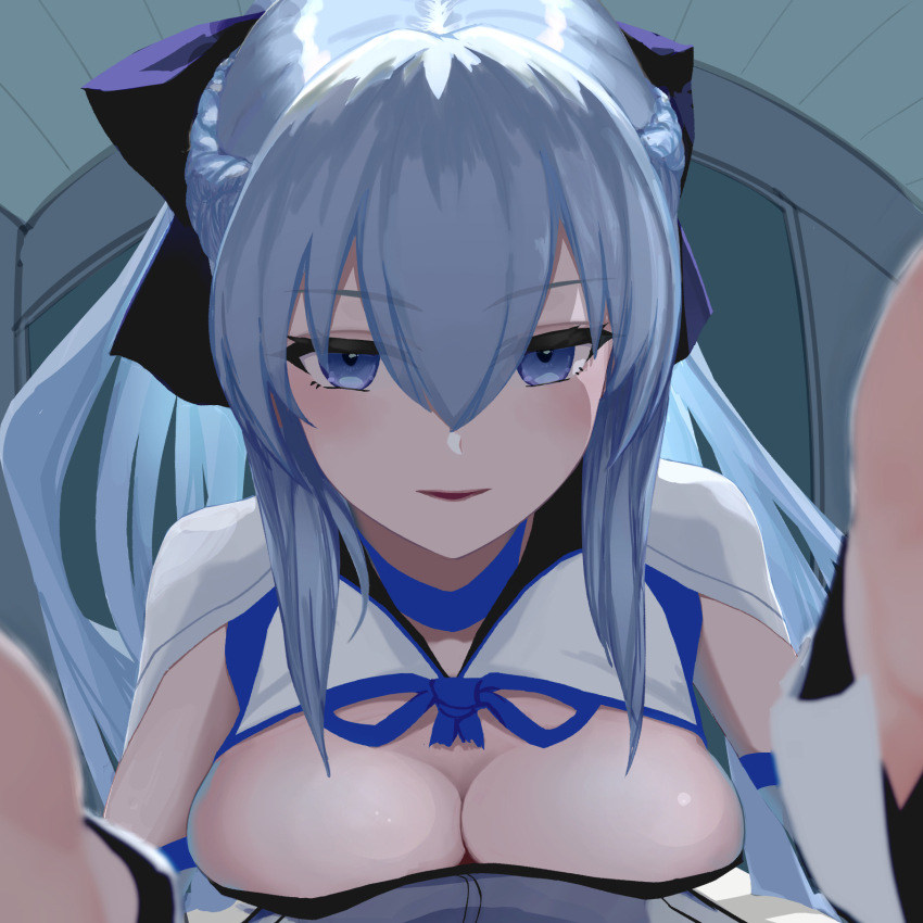 1boy, 1girl, bad_id, bad_pixiv_id, bed_sheet, black_bow, blue_eyes, bow