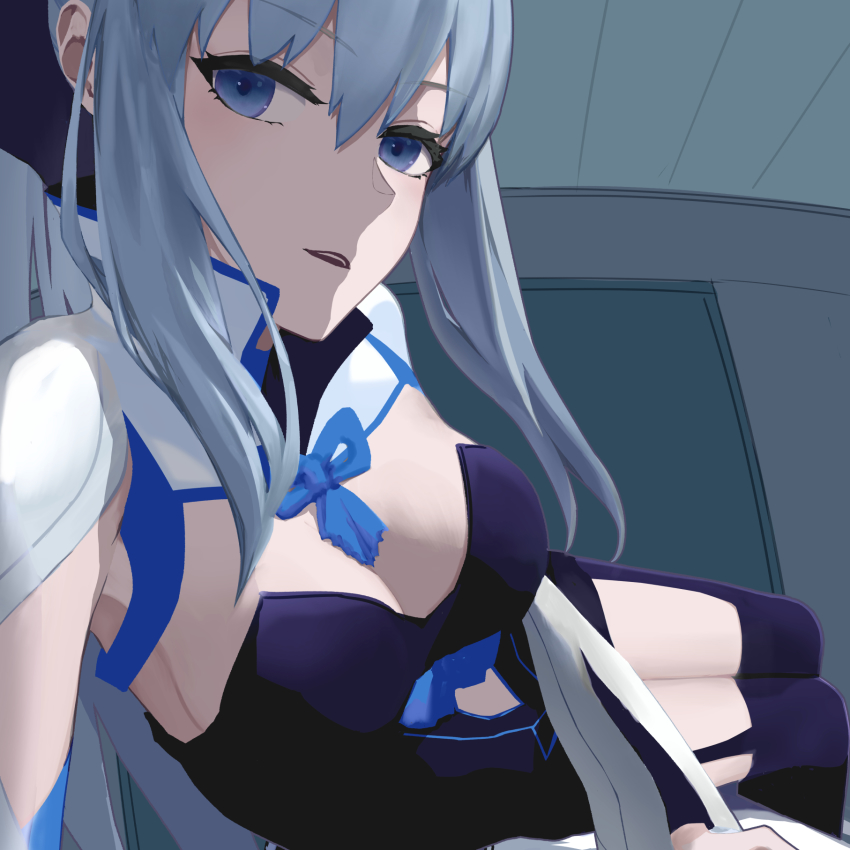 1boy, 1girl, bad_id, bad_pixiv_id, bed_sheet, black_bow, blue_eyes, bow