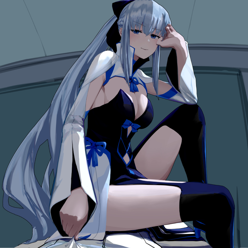 1boy, 1girl, bad_id, bad_pixiv_id, bed_sheet, black_bow, blue_eyes, bow