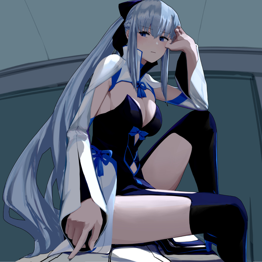 1boy, 1girl, bad_id, bad_pixiv_id, bed_sheet, black_bow, blue_eyes, bow