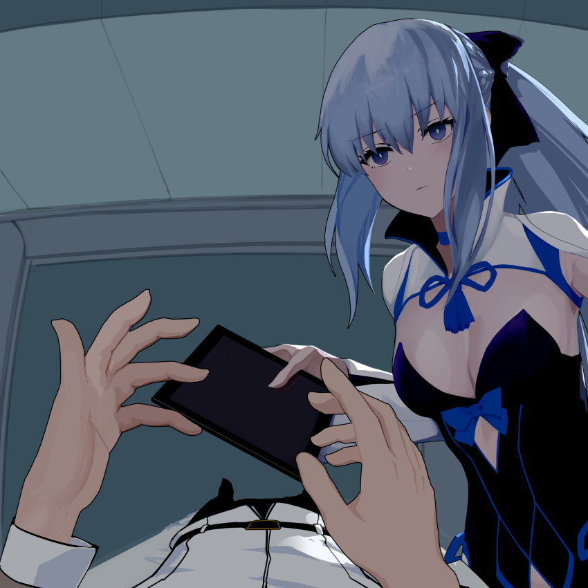 1boy, 1girl, bad_id, bad_pixiv_id, bed_sheet, black_bow, blue_eyes, bow