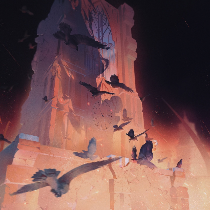 1boy, absurdres, amaurot, bird, black_bird, black_robe, building, clock