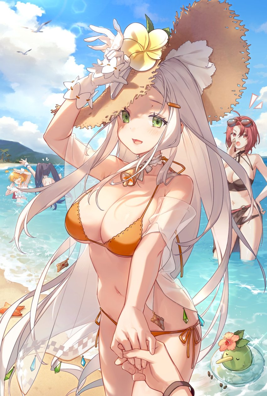 4girls, arhat_(destiny_child), aria_(destiny_child), beach, bell, bikini, blonde_hair, breasts