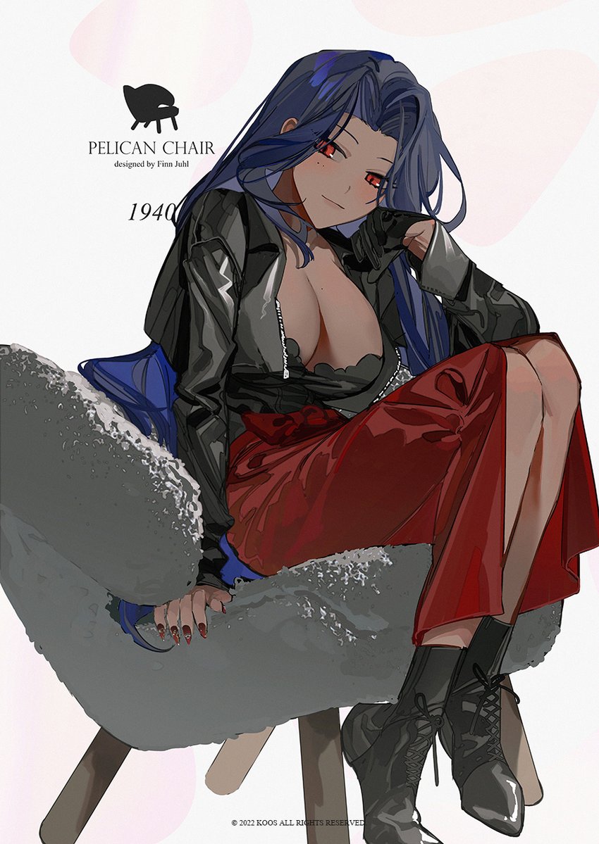 black_boots, black_gloves, black_jacket, blue_hair, boots, breasts, chair, cleavage