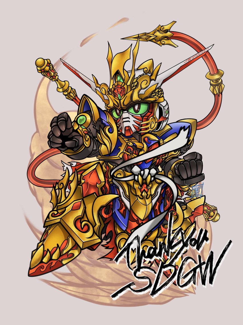 absurdres, black_eyes, clenched_hand, colored_sclera, fighting_stance, green_sclera, grey_background, gundam