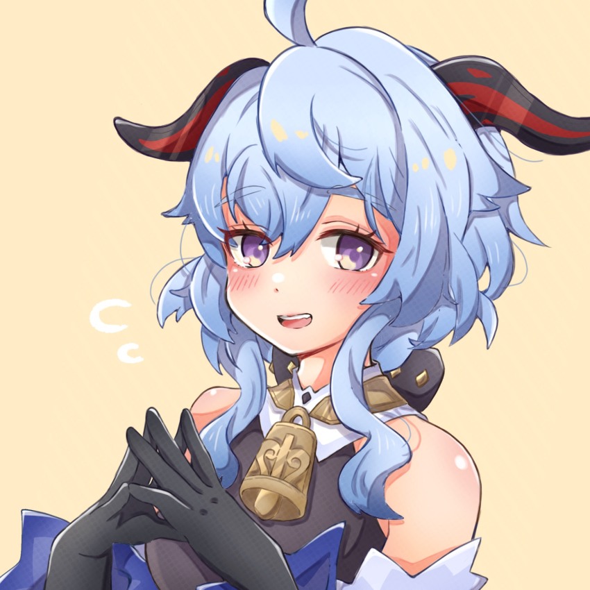 1girl, ahoge, bare_shoulders, bell, black_gloves, blue_hair, blush, detached_sleeves