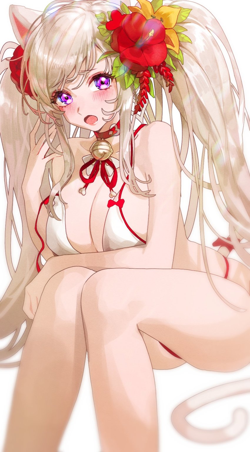 1girl, animal_ears, bare_shoulders, bell, bikini, blush, breasts, cat_ears
