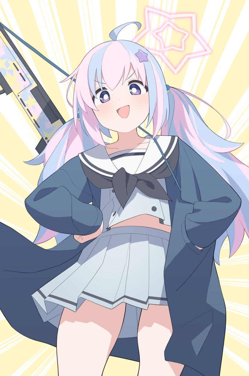 1girl, ahoge, aqua_hair, black_neckerchief, blue_archive, blush, bullpup, double-barreled_shotgun