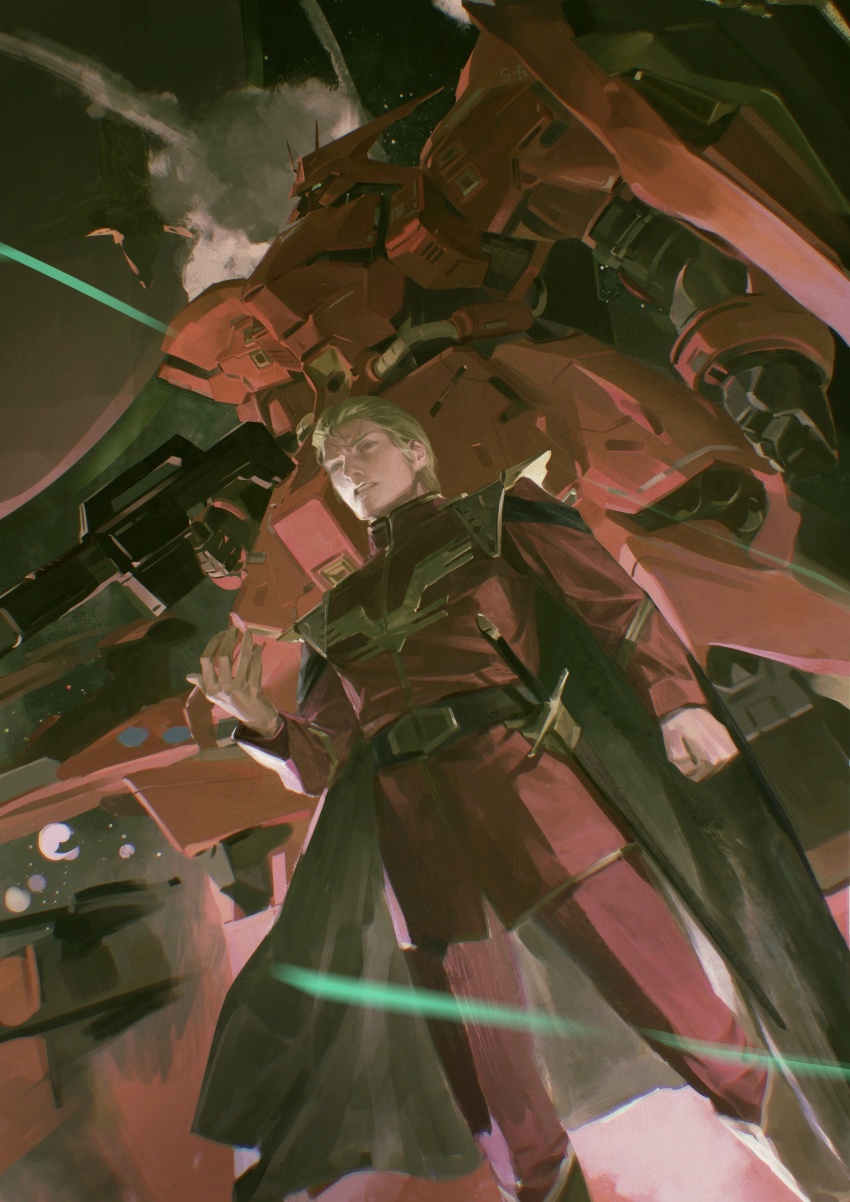 1boy, absurdres, blonde_hair, boots, cape, char's_counterattack, char_aznable, eternalgrayores