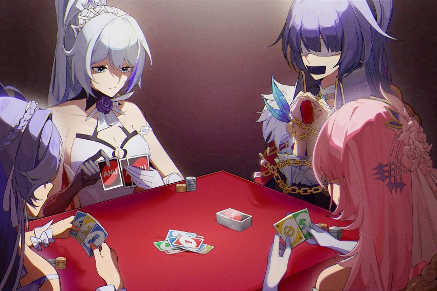 4girls, bare_shoulders, black_gloves, blue_eyes, bound, bound_arms, breasts, chain