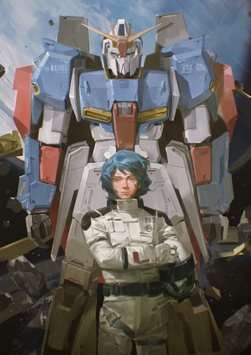 1boy, absurdres, eternalgrayores, gloves, green_hair, gundam, helmet, highres