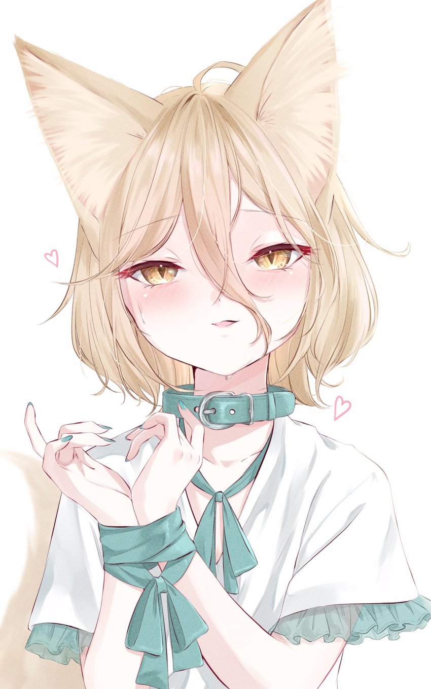 1girl, ahoge, animal_ears, blue_bow, blue_bowtie, blue_collar, blue_nails, blush