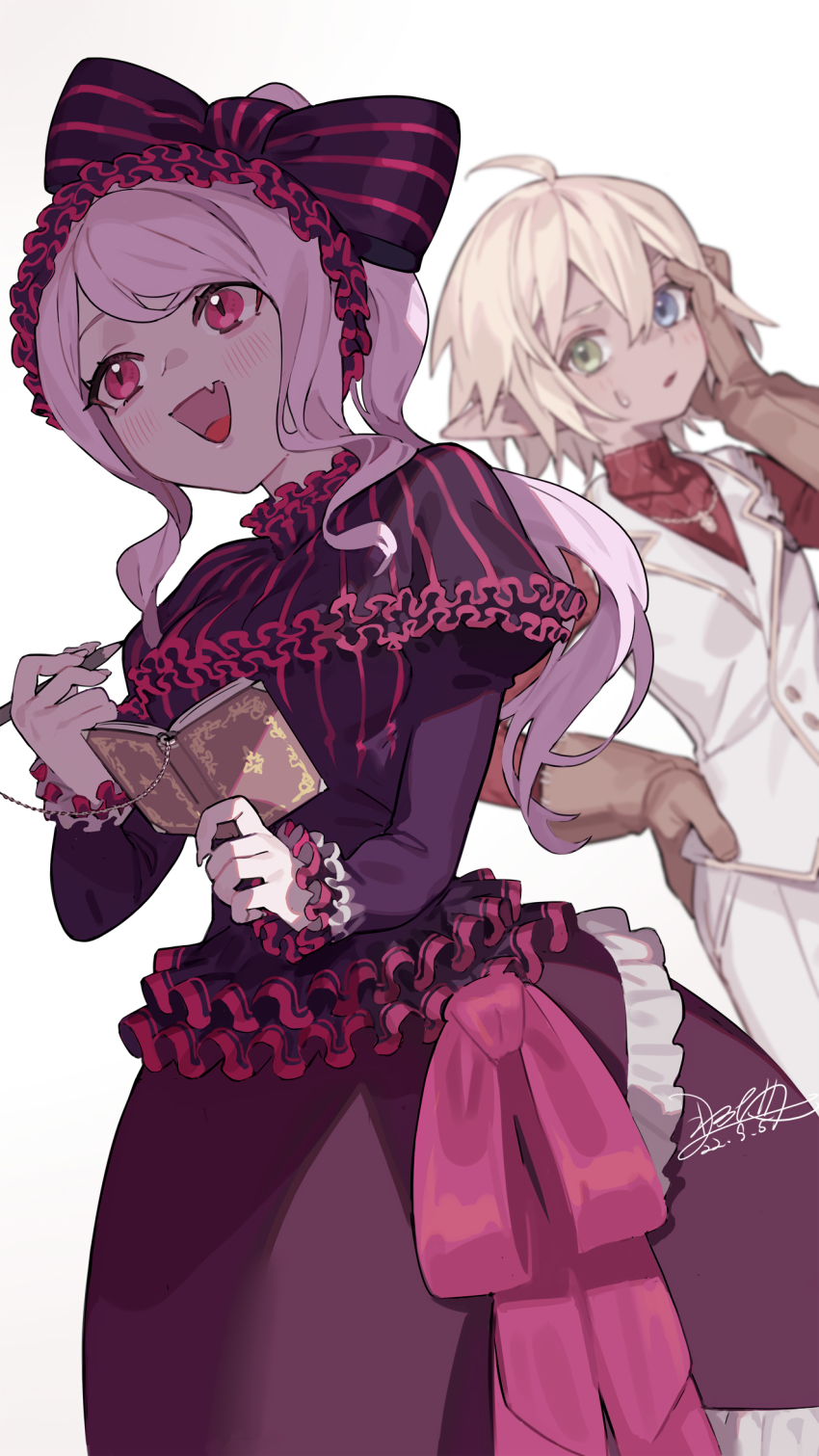 2girls, aura_bella_fiora, bow, breasts, dress, eyelashes, fang, flower