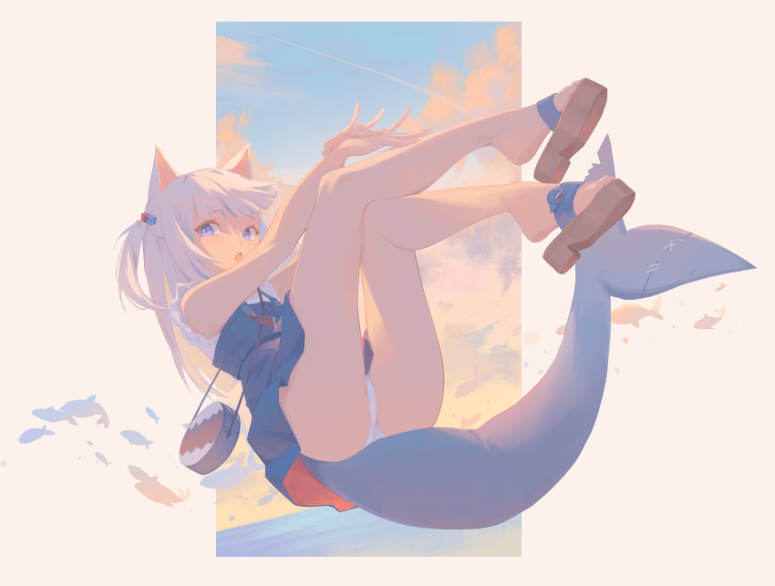 1girl, absurdres, animal_ears, ass, bag, cat_ears, feet, fins