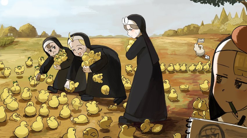 4girls, :<, :d, ^_^, animal, animal_on_arm, annoyed, baby_animal