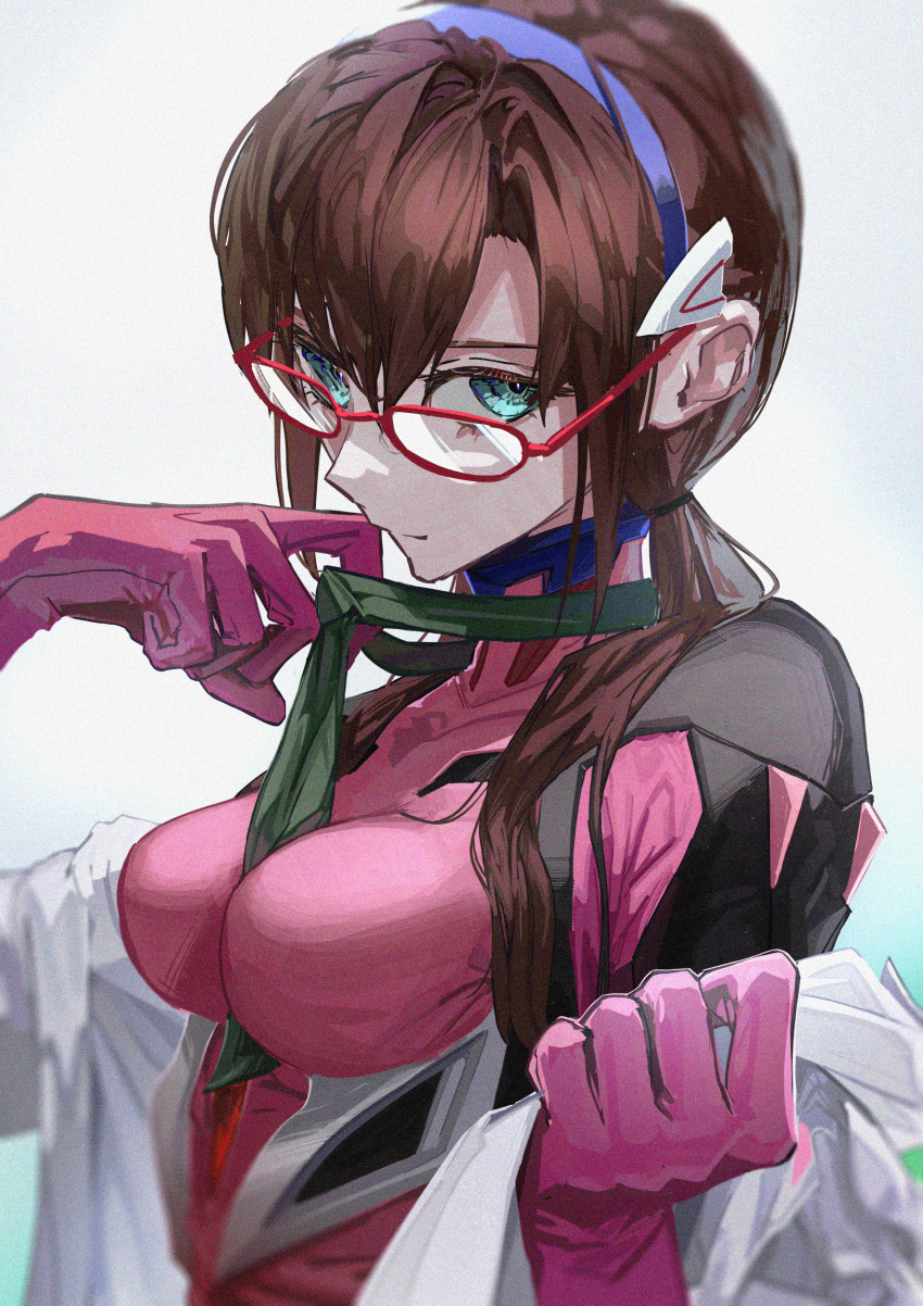 1girl, absurdres, aqua_eyes, blue_hairband, bodysuit, brown_hair, closed_mouth, coat